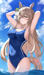 Rule 34 | 1girl, absurdres, animal ears, armpits, arms behind head, bare arms, bare legs, bare shoulders, blue one-piece swimsuit, breasts, brown hair, cleavage, cowboy shot, day, grin, hair between eyes, highres, horse ears, horse girl, horse tail, kesa pasa, large breasts, long hair, looking at viewer, one-piece swimsuit, outdoors, satono diamond (umamusume), sideboob, smile, solo, swimsuit, tail, tracen swimsuit, umamusume, wading, water, yellow eyes