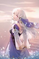 Rule 34 | 1girl, backless dress, backless outfit, black t t, blush, breasts, cloud, commentary request, dress, fire emblem, fire emblem: three houses, floating hair, from behind, korean commentary, long hair, long sleeves, looking at viewer, lysithea von ordelia, medium breasts, nintendo, open mouth, orange sky, outdoors, own hands together, petals, pink eyes, plant, purple dress, sky, smile, solo, twitter username, veil, white hair, white sleeves, wide sleeves