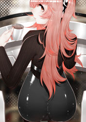 Rule 34 | 1girl, absurdres, animal ears, artist request, ass, back, back focus, blush, breasts, cat ears, coffee, from above, from behind, girls&#039; frontline neural cloud, highres, long hair, looking at viewer, looking back, looking up, pants, persicaria (neural cloud), pink eyes, pink hair, shiny clothes, sitting, solo, very long hair, yinqianren