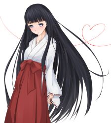 Rule 34 | 1girl, black hair, blunt bangs, blush, breasts, commentary request, feet out of frame, hakama, hakama skirt, heart, hime cut, himegami aisa, japanese clothes, kimono, long hair, long sleeves, medium breasts, miko, partial commentary, purple eyes, red hakama, shin (highest1192), sidelocks, simple background, skirt, solo, toaru majutsu no index, toaru majutsu no index: old testament, very long hair, white background, white kimono, wide sleeves