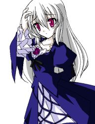 Rule 34 | 00s, 1girl, arm behind back, hand on own head, kasalelia, long hair, long sleeves, pale skin, pink eyes, rozen maiden, silver hair, simple background, solo, suigintou, white background