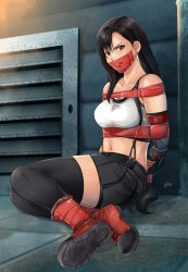 Rule 34 | absurdres, ankle boots, black hair, black skirt, black sports bra, black thighhighs, boots, bound, breasts, brown eyes, crop top, cross-laced footwear, earrings, elbow gloves, feet, final fantasy, final fantasy vii, final fantasy vii remake, gag, gagged, gloves, highres, improvised gag, jewelry, lace-up boots, large breasts, long hair, lost one zero, low-tied long hair, midriff, miniskirt, pencil skirt, pleated skirt, red footwear, shirt, shoe soles, shoes, shorts, shorts under skirt, skirt, solo, sports bra, square enix, suspender skirt, suspenders, tank top, tape, tape gag, taut clothes, taut shirt, thighhighs, tifa lockhart, white tank top