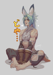 Rule 34 | 1boy, abs, absurdres, animal ear fluff, animal ears, artist name, bare shoulders, barefoot, black pants, blush stickers, brown gloves, rabbit ears, crop top, doyagao, dragalia lost, earrings, emblem, eyes visible through hair, feet, full body, gloves, green eyes, green hair, grey background, grey shirt, headband, highres, jewelry, jokerpang, long hair, looking to the side, luca (dragalia lost), male focus, open mouth, pants, parted hair, ponytail, shirt, simple background, sitting, sleeveless, sleeveless shirt, smug, solo, sparkle, symbol-only commentary, toned, toned male, translation request