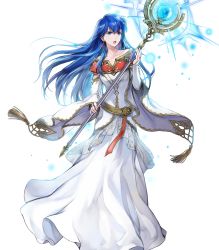 Rule 34 | 1girl, blue eyes, blue hair, bridal gauntlets, dress, earrings, elice (fire emblem), female focus, fire emblem, fire emblem: mystery of the emblem, fire emblem heroes, full body, gold trim, highres, holding, holding staff, jewelry, long dress, long hair, long sleeves, matching hair/eyes, nintendo, non-web source, official art, open mouth, solo, staff, transparent background, white dress, wide sleeves