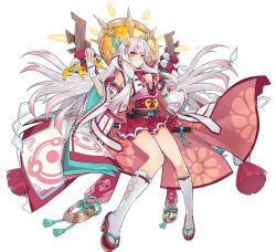 Rule 34 | 1girl, ahoge, amaterasu (ark order), ark order, artist request, bare shoulders, breasts, cape, detached sleeves, fingerless gloves, floral print, frown, full body, gloves, japanese clothes, katana, kimono, large breasts, long sleeves, looking at viewer, magatama, multicolored hair, obi, obijime, official art, okobo, pink cape, pink nails, red footwear, red sash, red skirt, rope, sandals, sash, sheath, sheathed, shide, shimenawa, short kimono, sideboob, sidelocks, skirt, socks, solo, streaked hair, sword, tabi, tachi-e, transparent background, variant set, weapon, white cape, white gloves, white hair, white kimono, white socks, wide sleeves, yellow eyes