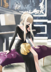 Rule 34 | 1girl, animal, black dress, blonde hair, breasts, cleavage, collarbone, couch, dress, earrings, grand piano, highres, indoors, instrument, jewelry, long hair, muwon, original, piano, sitting, solo, yellow eyes