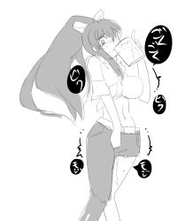 Rule 34 | 1girl, asymmetrical clothes, belt, between legs, blush, breasts, crop top, cup, drink, drinking, embarrassed, female focus, greyscale, hair ribbon, hand between legs, hand up, have to pee, high ponytail, holding, japanese text, kanzaki kaori, large breasts, long hair, looking down, midriff, monochrome, navel, nose blush, pants, peeing, peeing self, ribbon, shirt, short sleeves, simple background, single pantsleg, sketch, solo, sweat, t=k, tears, tied shirt, toaru majutsu no index, torn clothes, translation request, trembling, white background, wide-eyed