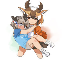 Rule 34 | 2girls, animal ears, arm around neck, bare arms, bare legs, bike shorts, bird tail, black hair, blush, brown eyes, brown hair, carrying, closed mouth, clothes writing, cropped legs, embarrassed, extra ears, greater roadrunner (kemono friends), grey eyes, grey hair, hair tubes, hand on another&#039;s shoulder, hand on another&#039;s thigh, highres, horizontal pupils, horns, jacket, kemono friends, kemono friends 2, light brown hair, looking at viewer, looking down, multiple girls, nose blush, princess carry, pronghorn (kemono friends), rinx, shirt, shoes, short hair, short sleeves, sidelocks, simple background, smile, sportswear, t-shirt, tail, tearing up, v-shaped eyebrows, white background, white hair