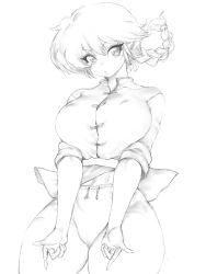 Rule 34 | 1girl, alternate breast size, braid, braided ponytail, breasts, chinese clothes, curvy, expressionless, fumio (rsqkr), genderswap, genderswap (mtf), greyscale, hair between eyes, large breasts, lips, looking at viewer, monochrome, navel, pants, ranma-chan, ranma 1/2, saotome ranma, shirt, short sleeves, simple background, single braid, sleeves rolled up, solo, tangzhuang, thick thighs, thighs, white background, wide hips, wristband