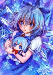 Rule 34 | 1girl, blue bow, blue dress, blue eyes, blue hair, blue theme, blush, bow, bowtie, character doll, cirno, closed mouth, commentary request, commission, cowboy shot, doll, dress, eyebrows hidden by hair, fumo (doll), hair between eyes, hair bow, highres, holding, holding doll, ice, ice wings, kodue55, light smile, looking at viewer, puffy short sleeves, puffy sleeves, red bow, red bowtie, short hair, short sleeves, skeb commission, snowflakes, solo, touhou, wings