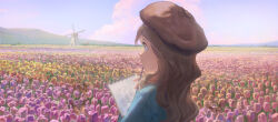 Rule 34 | 1girl, absurdres, beret, blue eyes, blue shirt, brown hair, brown hat, bug, butterfly, cloud, cloudy sky, commentary, day, english commentary, field, flower, flower field, hat, highres, hill, holding, holding pencil, holding sketchbook, insect, long hair, looking afar, looking ahead, original, outdoors, parted lips, pencil, profile, purple flower, purple sky, shirt, sishenfan, sketchbook, sky, solo, tulip, upper body, wide shot, windmill, yellow flower