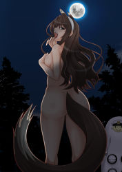 Rule 34 | 1girl, animal ears, ashigara (kancolle), ass, covering privates, covering breasts, exhibitionism, facing away, fingernails, headband, highres, kantai collection, long fingernails, long hair, looking at viewer, moon, night, night sky, nude, open mouth, outdoors, public indecency, sky, solo, tail, tk (butakuma), tree, upper body, wavy hair, wolf ears, wolf tail, yellow eyes