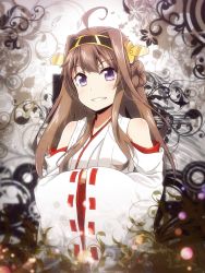 Rule 34 | 10s, 1girl, bare shoulders, blush, boots, brown hair, detached sleeves, double bun, hair ornament, hairband, highres, kantai collection, kongou (kancolle), long hair, long sleeves, looking at viewer, personification, pleated skirt, purple eyes, ribbon-trimmed sleeves, ribbon trim, skirt, smile, solo, tanashi (mk2), thigh boots, thighhighs, upper body, wide sleeves, zettai ryouiki