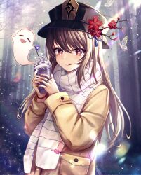 Rule 34 | 1girl, :q, absurdres, alternate costume, black hat, black nails, blurry, blurry background, boo tao (genshin impact), brown coat, brown hair, bug, butterfly, chinese commentary, coat, commentary request, contemporary, cup, day, depth of field, flower, flower-shaped pupils, food, forest, genshin impact, ghost, hands up, hat, hat flower, hat tassel, highres, holding, holding cup, holding food, holding ice cream, hu tao (genshin impact), ice cream, insect, jewelry, kazamatsuri honatsu, licking lips, long hair, long sleeves, looking at viewer, mini flag, multiple rings, nature, outdoors, plum blossoms, pocket, porkpie hat, red eyes, ring, scarf, sidelocks, solo, sundae, symbol-shaped pupils, tongue, tongue out, tree, upper body, white scarf