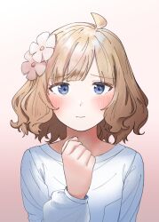 Rule 34 | 1girl, absurdres, ahoge, blue eyes, blue shirt, blush, brown hair, clenched hand, flower, gradient background, hair flower, hair ornament, highres, idolmaster, idolmaster million live!, looking at viewer, meeeeeeco359, shirt, simple background, solo, suou momoko, upper body