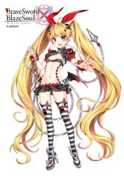 Rule 34 | 1girl, black eyes, blonde hair, brave sword x blaze soul, demon girl, full body, hair ribbon, long hair, miniskirt, nardack, ribbon, simple background, skirt, solo, striped clothes, striped footwear, striped thighhighs, thighhighs, twintails, very long hair, white background