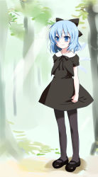 Rule 34 | 1girl, alternate costume, bad id, bad pixiv id, bizen, black pantyhose, blue eyes, blue hair, bow, cirno, mary janes, matching hair/eyes, pantyhose, shoes, short hair, skirt hold, solo, touhou, wings