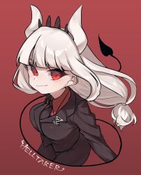 Rule 34 | 1girl, black jacket, black necktie, black pants, black tail, blush, breasts, business suit, closed mouth, collared shirt, copyright name, demon girl, demon horns, demon tail, formal, hair ornament, helltaker, highres, horns, jacket, long hair, looking to the side, lucifer (helltaker), mole, mole under eye, necktie, neckwear request, nekono moni, pants, red background, red eyes, red shirt, ringed eyes, shirt, simple background, small breasts, smile, solo, suit, tail, white hair, white horns