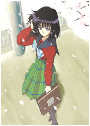 Rule 34 | 1girl, bag, bishoujo senshi sailor moon, bishoujo senshi sailor moon s, black hair, black pantyhose, blue bow, bow, briefcase, from above, full body, green skirt, hand on own head, hino ryutaro, holding, holding bag, mugen gakuen school uniform, outdoors, pantyhose, petals, plaid, plaid skirt, purple eyes, school briefcase, school uniform, serafuku, short hair, skirt, smile, solo, standing, striped, striped bow, tomoe hotaru