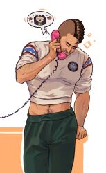 Rule 34 | 1boy, arm hair, bara, beard stubble, blush, call of duty, call of duty: modern warfare 2, calling, captoraart, cropped shirt, dark-skinned male, dark skin, facial hair, feet out of frame, flower, ghost (modern warfare 2), green pants, happy, happy aura, highres, holding, holding phone, large pectorals, leaning to the side, male focus, mask, mature male, midriff peek, muscular, muscular male, mustache stubble, navel, navel hair, pants, pectorals, phone, short hair, sideburns, skull mask, smile, soap (modern warfare 2), solo, stubble