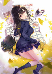 Rule 34 | 1girl, :d, animal, backpack, bag, black hair, blue skirt, blue socks, blue sweater, chihuahua, commentary request, dated, dog, ginkgo leaf, highres, leaf, long hair, long sleeves, looking at viewer, looking back, magazine (object), miniskirt, open mouth, original, pillow, plaid, plaid skirt, pleated skirt, red eyes, sanbasou, school uniform, signature, skirt, smile, socks, solo, sweater, thighs, undershirt