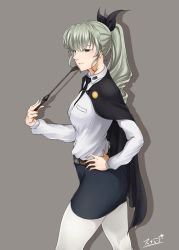 Rule 34 | 10s, 1girl, adapted costume, alternate hairstyle, anchovy (girls und panzer), ass, belt, black skirt, bow, cape, commentary, dress shirt, girls und panzer, green hair, grey background, hair bow, hand on own hip, long hair, miniskirt, necktie, aged up, pantyhose, pencil skirt, ponytail, riding crop, school uniform, shirt, signature, simple background, skirt, solo, sunaipu (age-zero), thighs, white pantyhose, white shirt