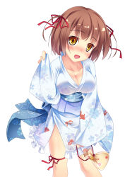 Rule 34 | 1girl, bag, blush, breasts, brown hair, cleavage, highres, holding, holding bag, japanese clothes, kimono, large breasts, open mouth, sekine irie, short hair, simple background, smile, solo, two side up, white background, yellow eyes