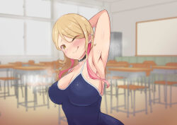 Rule 34 | 1girl, ;q, absurdres, arm above head, arm up, armpits, bitchmotor, blue one-piece swimsuit, blush, breasts, chair, choker, classroom, cleavage, covered erect nipples, desk, ear piercing, eyebrows hidden by hair, female focus, gyaru, highres, indoors, large breasts, long hair, looking at viewer, multicolored hair, one-piece swimsuit, one eye closed, original, oshiego gyaru ni 30-dai dōtei ga barete yabai&hellip;, piercing, smile, solo, steaming body, swimsuit, tongue, tongue out, two-tone hair, upper body, yellow eyes