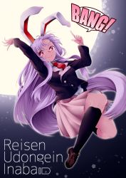 Rule 34 | 0-den, 1girl, absurdres, animal ears, black legwear, blazer, buttons, character name, collared shirt, english text, finger gun, full moon, highres, huge filesize, index finger raised, jacket, light purple hair, loafers, long hair, long sleeves, looking to the side, moon, necktie, pink skirt, pleated skirt, rabbit ears, red eyes, red necktie, reisen udongein inaba, shirt, shoes, skirt, smile, solo, touhou, very long hair, white shirt