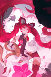 Rule 34 | 1girl, absurdres, animal ears, armlet, bare shoulders, belt, black belt, covered collarbone, dress, fake animal ears, flat chest, hair ornament, highres, holding, holding weapon, jinx (league of legends), league of legends, long hair, qchbtb, red background, red eyes, red hair, red shorts, red thighhighs, shorts, single sleeve, solo, star guardian (league of legends), star guardian jinx, teeth, thighhighs, twintails, very long hair, weapon, white background, white dress