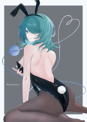 Rule 34 | 1girl, alternate costume, animal ears, arm support, ass, back, bare shoulders, black leotard, black pantyhose, border, breast hold, breasts, closed mouth, commentary, curvy, fake animal ears, fake tail, feet, foot out of frame, from side, green eyes, green hair, grey background, hair over one eye, hand up, heart, heart of string, highleg, highleg leotard, highres, komeiji koishi, kuro wa shinoru, leaning forward, leotard, lips, looking at viewer, medium breasts, medium hair, no headwear, no shoes, one eye covered, pantyhose, playboy bunny, rabbit ears, rabbit tail, simple background, sitting, smile, solo, strapless, strapless leotard, tail, thighs, third eye, touhou, twitter username, wariza, white border