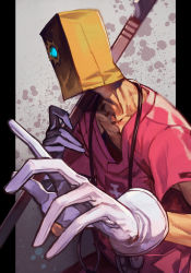 Rule 34 | 1boy, arc system works, bag, bag over head, faust (guilty gear), gloves, glowing, glowing eye, guilty gear, hungry clicker, pants, pink pants, pink shirt, scalpel, shirt, stethoscope, traditional media, white gloves