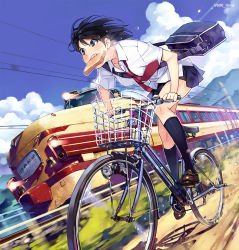 Rule 34 | 1girl, ascot, bag, basket, between breasts, bicycle, bicycle basket, black eyes, black hair, black skirt, black socks, blouse, blue eyes, bread slice, breasts, cloud, commentary request, day, dirt road, dutch angle, food, food in mouth, kneehighs, loafers, motion blur, mouth hold, original, outdoors, overhead line, perspective, pleated skirt, power lines, racing, revision, riding, road, school bag, school uniform, shirt, shoes, short hair, short sleeves, shoulder bag, signature, skirt, sky, socks, solo, strap between breasts, sweat, toast, toast in mouth, train, twitter username, vania600, white shirt, wing collar