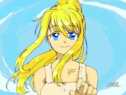 Rule 34 | 1girl, bare shoulders, blonde hair, blue eyes, blurry, cloud, cloudy sky, day, depth of field, earrings, eyelashes, fingernails, floating hair, fullmetal alchemist, happy, jewelry, long hair, looking at viewer, outdoors, ponytail, shirt, sky, sleeveless, smile, solo, solo focus, tsukuda0310, upper body, white shirt, wind, wind lift, winry rockbell