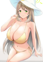 Rule 34 | 1girl, absurdres, bad proportions, bikini, blonde hair, blue archive, breasts, cleavage, closed mouth, green eyes, halo, hat, highres, huge breasts, kevin5573, looking at viewer, navel, nonomi (blue archive), nonomi (swimsuit) (blue archive), pulled by self, side-tie bikini bottom, sitting, smile, solo, stomach, strap pull, sun hat, swimsuit, white hat, yellow bikini