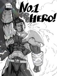 Rule 34 | 1boy, abs, arm up, bara, bare pectorals, bodysuit, boku no hero academia, bulge, closed eyes, covered abs, covered navel, cowboy shot, endeavor (boku no hero academia), fire, greyscale, highres, large pectorals, mabataki, male focus, monochrome, muscular, navel, nipples, pectorals, scar, scar on face, short hair, sketch, skin tight, smile, solo, thick thighs, thighs, torn bodysuit, torn clothes