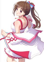 Rule 34 | 1girl, antenna hair, blush, breasts, brown hair, earrings, frilled skirt, frills, heart, heart earrings, highres, idolmaster, idolmaster cinderella girls, jacket, jacket partially removed, jewelry, kaishinshi, looking at viewer, looking back, medium breasts, multicolored clothes, multicolored jacket, ponytail, red eyes, scrunchie, shoulder blades, simple background, skirt, solo, tsujino akari, two-tone jacket, white background, white skirt, wrist scrunchie
