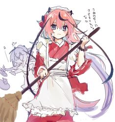 Rule 34 | 2others, ^^^, apron, blue eyes, blue hair, blush, bracelet, broom, chibi, chibi inset, commentary, cup, dango, dropping, expressionless, food, headdress, highres, holding, holding broom, horns, ishitsuki ( 0101 831), japanese clothes, jewelry, kappougi, kimono, long hair, maid, meika hime, meika mikoto, multiple others, pink hair, red kimono, sketch, solid eyes, teacup, thick eyebrows, tray, tripping, twintails, upper body, very long hair, vocaloid, wa maid, wagashi
