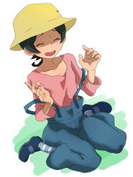 Rule 34 | 10s, 1boy, @@@, androgynous, bad id, bad pixiv id, blue socks, closed eyes, full body, green hair, gundam, gundam build fighters, hat, male focus, overalls, short hair, simple background, smile, socks, solo, striped clothes, striped socks, sweat, white background, yasaka mao
