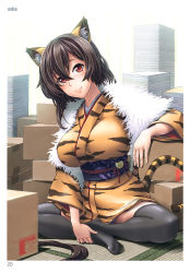 Rule 34 | 1girl, absurdres, animal ears, arm rest, artist name, black thighhighs, blush, book, book stack, border, box, bra, breasts, bridal gauntlets, cardboard box, closed mouth, fur, hair between eyes, highres, indian style, japanese clothes, kimono, large breasts, lips, long hair, long sleeves, looking at viewer, no shoes, page number, panties, red eyes, scan, simple background, sitting, skindentation, soba (saz), solo, tail, tatami, thighhighs, tiger ears, tiger tail, toranoana, underbust, underwear, underwear only, very long hair, white background, white border, wide sleeves, zettai ryouiki
