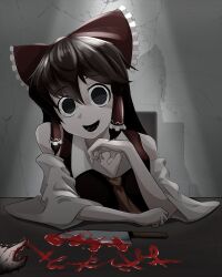 Rule 34 | 1girl, 1other, black hair, blood, blood writing, bloody knife, bow, breasts, brown hair, cleavage, collared shirt, commentary request, cookie (touhou), detached sleeves, empty eyes, frilled bow, frilled hair tubes, frills, hair between eyes, hair bow, hair tubes, hakurei reimu, highres, knife, leaning forward, long bangs, long hair, looking at viewer, medium breasts, necktie, noel (cookie), open mouth, red bow, red shirt, shirt, sidelocks, sleeveless, sleeveless shirt, smile, solo focus, suisyu chouman chawan no kakera, table, touhou, trembling, upper body, white sleeves, yellow necktie