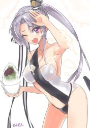 Rule 34 | 10s, 1girl, akitsushima (kancolle), artist name, bowl, breasts, cleavage, covered erect nipples, food, food on body, food on breasts, green tea, grey hair, grey one-piece swimsuit, hat, kantai collection, long hair, looking at viewer, navel, one-piece swimsuit, one eye closed, open mouth, purple eyes, red bean paste, sensen, shaved ice, side ponytail, simple background, solo, spoon, swimsuit, tea, white one-piece swimsuit