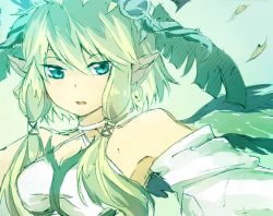 Rule 34 | 1girl, bare shoulders, blue eyes, breasts, ceres (p&amp;d), cleavage, detached sleeves, earrings, green hair, green theme, halterneck, hoop earrings, jewelry, long hair, long sleeves, low twintails, open mouth, pointy ears, puzzle &amp; dragons, riku manoue, single earring, solo, thorns, twintails