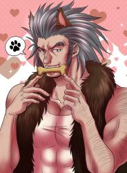 Rule 34 | 1boy, animal ears, arm hair, bara, dog boy, dog ears, hair slicked back, hand hair, history1357, hunter x hunter, kemonomimi mode, long sideburns, male focus, mature male, medium hair, mouth hold, muscular, muscular male, paw print, pectoral cleavage, pectorals, sideburns, solo, thick eyebrows, upper body, uvogin