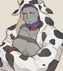 Rule 34 | 1boy, animal costume, animal print, warrior of light (ff14), bara, bare pectorals, beard, blush, chinese zodiac, collar, colored skin, cow boy, cow costume, cow print, crossed arms, facial hair, fictional persona, final fantasy, final fantasy xiv, green skin, highres, large pectorals, looking away, male focus, muscular, muscular male, original, pectoral cleavage, pectoral press, pectorals, pink eyes, purple hair, short hair, skindentation, solo, uori, upper body, year of the ox