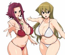 Rule 34 | 2girls, bare shoulders, bikini, blonde hair, breasts, brown eyes, cleavage, collarbone, curvy, female focus, izayoi aki, jewelry, large breasts, long hair, looking at viewer, multiple girls, navel, necklace, open mouth, outstretched arm, red bikini, red hair, serious, shiny skin, short hair with long locks, sidelocks, simple background, string bikini, swimsuit, tamagoroo, tenjouin asuka, thighs, white background, white bikini, yu-gi-oh!, yu-gi-oh! 5d&#039;s, yu-gi-oh! gx
