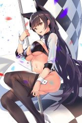 Rule 34 | 1girl, absurdres, animal ears, ass, atago (azur lane), atago (stunning speedster) (azur lane), azur lane, bikini, black hair, breasts, checkered flag, commentary request, feet out of frame, flag, high heels, highres, holding, holding flag, large breasts, long hair, looking at viewer, midriff, navel, ninsaki (9saki), open mouth, orange eyes, race queen, simple background, solo, stomach, swimsuit, thighhighs, white background, wrist cuffs