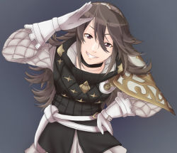 Rule 34 | 1girl, blue background, brown hair, fire emblem, fire emblem fates, gloves, hair between eyes, hairband, hand on own hip, nintendo, simple background, soleil (fire emblem), solo