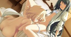 Rule 34 | 2girls, angelina rocca, ass, back, bed, belle (katahane), blue eyes, blush, bra, censored, christina dorn, couple, cunnilingus, dutch angle, flat chest, fue (tsuzuku), game cg, head tilt, jpeg artifacts, katahane, lingerie, long hair, mosaic censoring, multiple girls, navel, non-web source, nude, open clothes, open mouth, open shirt, oral, panties, panties around leg, panty pull, pointless censoring, pussy, shirt, short hair, sitting, sleeves rolled up, underwear, very long hair, white panties, yuri