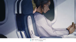 Rule 34 | 1girl, airplane interior, black hair, blue eyes, character name, closed mouth, dark skin, from side, glasses, holding, lab coat, meitantei conan, monicanc, profile, ruby jones, short hair, smile, solo focus, sparkle